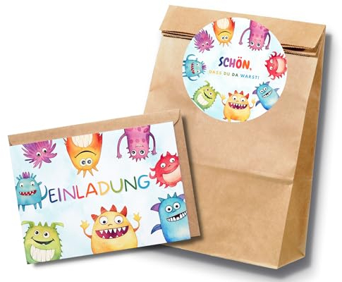 Paperlane by Essi 10 Monster Geburtstagssets mit Einladungskarten und Gastgeschenktüten - Monster Geburtstag - inkl. Umschläge und Sticker (10er Set Einladungskarten + Mitgebseltüten, Monster)