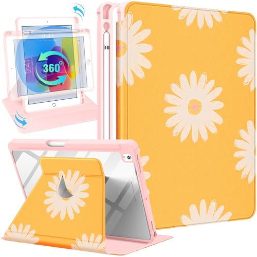 Uppuppy Schutzhülle für iPad 9./8./7. Generation, 10,2 Zoll, Folio-Schutzhülle mit Stifthalter, für Damen, Mädchen, niedliche Blumen, Mädchen, Kinder, Kawaii, gelbes Blumenmuster, drehbarer Ständer