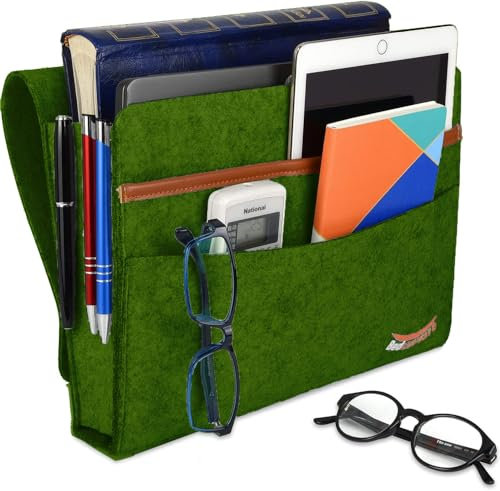 Bedside Organiser Pocket - Slip Resistant with Hook & Loop and Watch Straps for Bed Rails, Sofa, Bunk Bed - Felt Bedside Storage Caddy (Green)