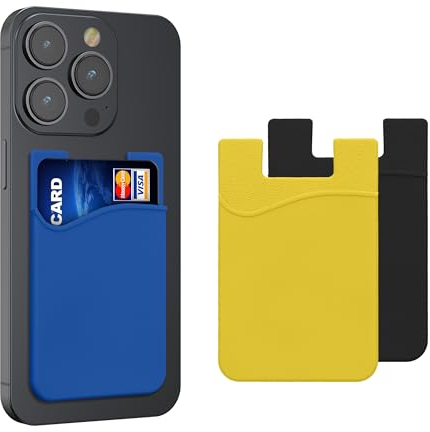 kwmobile 3X Kartenhalter Hülle für Smartphone - selbstklebend - Aufklebbare Silikon Kreditkarten Tasche Schwarz Blau Gelb - Maße 8,5x5,5cm