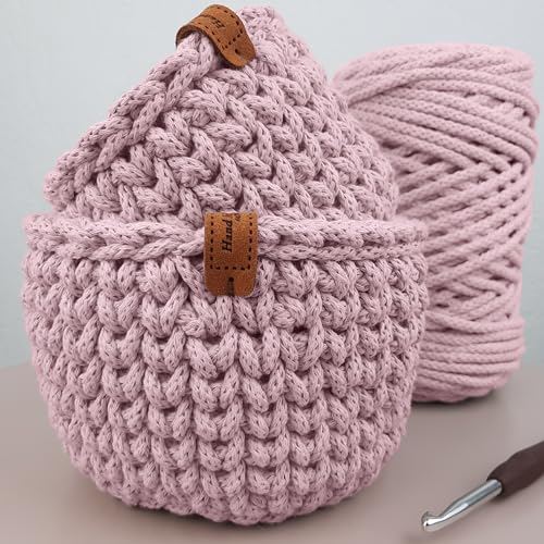 LIDAM 2 Körbe häkeln aus Baumwollgarn| Häkelset für Anfänger +Videoanleitung | Baumwollstrickschlauch, Häkelnadel, Lederettiketten, einfaches Häkeln für Anfänger (rosa)