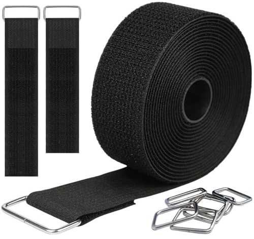 AUMAYCO 5m x 5cm Heavy Duty Hook and Loop Straps with 10 Metal Buckles, Adjustable Fastening Cable Ties, Free Cut Length, Reusable Nylon Cable Tidy Straps for Office Home and Wire Organiser