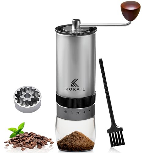Kokail Manual coffee grinder with stainless steel burr | Stainless Steel Manual Coffee bean hand Grinder | Stainless steel Hand Coffee Grinder with Crank Handle Wood Knob | Manual Coffee Bean Grinder