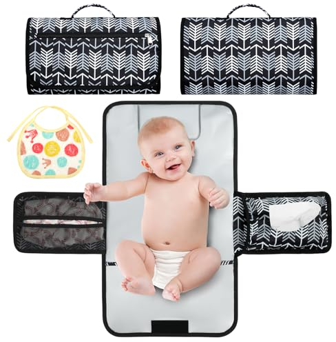 HOTUT Tragbares Wickelunterlage,Faltbar Baby Wickelauflage mit Babylätzchen,Wasserdichte Baby Wickelunterlagen mit Fächern für Unterwegs, Reise