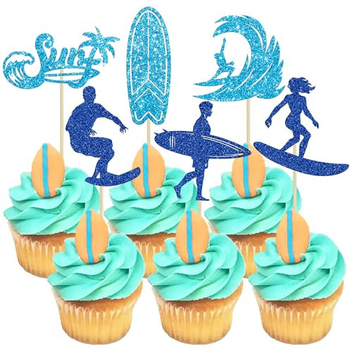 Gyufise 24Pcs Surfing Cupcake Toppers Glitter Blue Glitter Surfer Surfboard Cupcake Picks Surfing Theme Celebrating Birthday Baby Shower Party Cake Decorations Supplies
