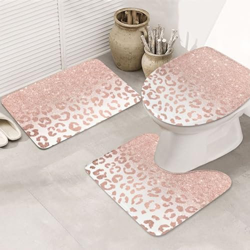 FLYIFE Rose Gold Glitter Printed Non-Slip Bathroom Mats Sets 3 Piece - Flannel Bathroom Rug With U Shaped Toilet Mat, And Toilet Seat Cover