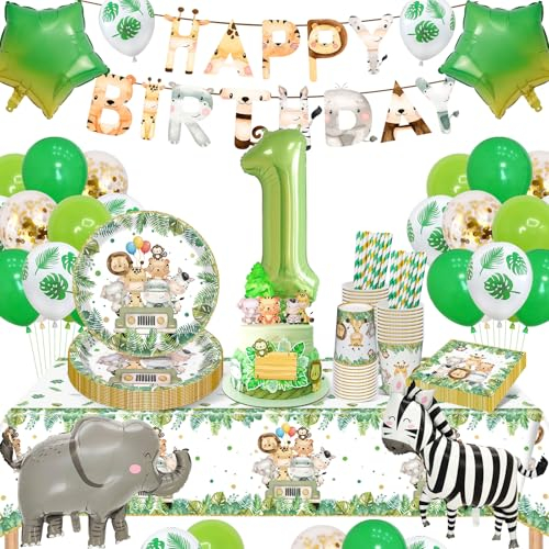 YIMAKJ Jungle Animaux Décoration Anniversaire 1 An, Thème Safari, 94 Pcs Vaisselle pour 16 Invités - Assiettes, Gobelet Carton, Nappe