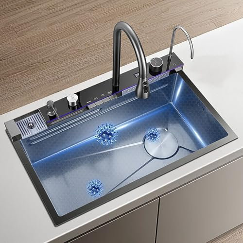 Kaverno Doppeltes Wasserfall Küchenspüle, Schwarz Waben Waschbecken aus Edelstahl 304, Küche Multifunktionale Spüle mit Ausziehbarem Wasserhahn für Camping(68 * 45cm)