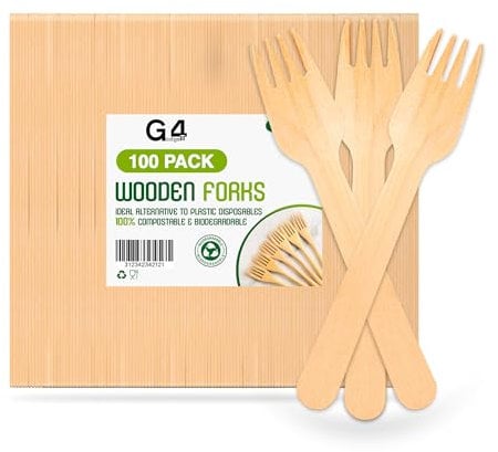 G4GADGET 100x Wooden Forks - Disposable Biodegradable Birch Wood Utensils for Parties, Picnics, Weddings, BBQs, and Events