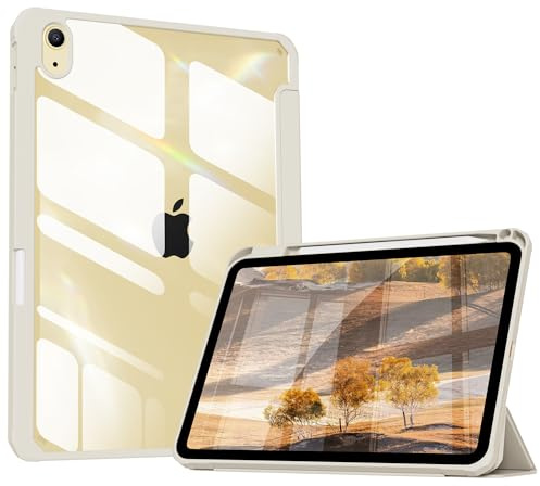 KVTVOU Hülle für iPad (A16) 11. /10. Generation 11/10,9 Zoll, Weiß | mit Stifthalter, Transparente PC-Rückseite, Weicher TPU-Rahmen, Stoßfest & Leicht, Auto Wachen/Schlafen, a3354/a3355/a3356