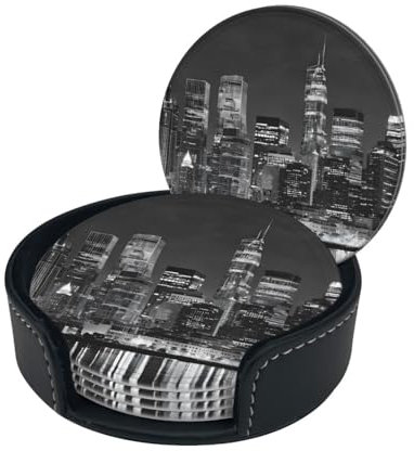 New York Paintings Lot de 6 dessous de verre ronds en cuir avec support, pour la maison et le bureau, la cuisine, le bar
