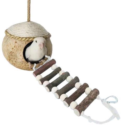 Vogelhaus Kokosnuss Vogelhaus mit Leiter - Käfigzubehör für Vogelzucht, Verstecknest, Schaukelspielzeug für Papageien, Lovebirds & Finken