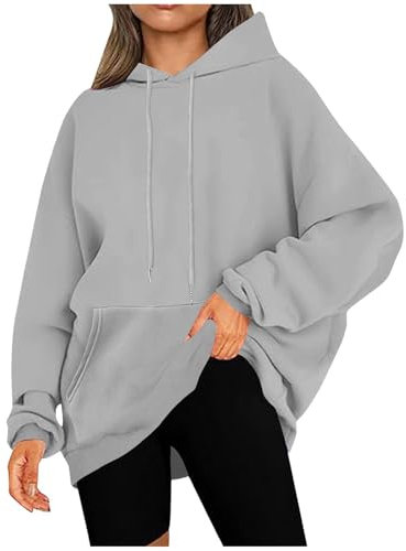 KOG Hoodie Damen Baumwolle Hoodies Einfarbig Sweatshirt mit Kapuze Warme Oberteile Teenager Mädchen Mode Kapuzenpullover Vintage Locker Hooded Sweatshirt Warehouse Deals Angebote Grau L