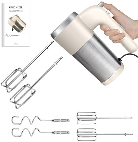 Hand Mixer Electric Whisk – Food Mixer for Baking with 5 Speeds + Turbo Boost + Eject Button, 400W, 2 Stainless Steel Beaters, 2 Dough Hooks, Easy Clean, for Easy Whipping Dough, Cream, Eggs