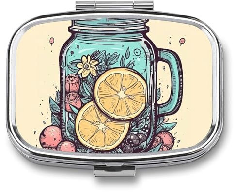Pillendose mit Spiegel, Zitronenscheiben in Tasse, Pillendose, 2 Fächer, persönlicher Pillen-Organizer für Tasche, Geldbörse, tragbare Reise-Pillendose, Medizin-Planer für Vitamin, Fischöl