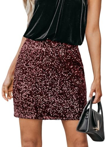CUPSHE Damenrock mit Pailletten, Glitzer, hohe Taille, funkelnd, glänzend, Hüft Wickelrock, Minirock, zum Ausgehen, Party, rot, M