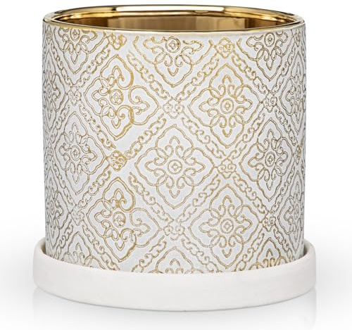 Arborus Pot de fleurs moderne en céramique avec soucoupe et trous de drainage pour plantes grasses, orchidées, petites plantes d'intérieur, décoration d'intérieur et de jardin Blanc doré 13 cm