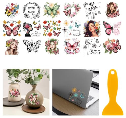 GLOBLELAND 18 Blatt Bunte Schmetterlings Dame UV DTF Tasse Transfer Aufkleber 3.9x3.6 Zoll Löwenzahn DTF Transferaufkleber Möbel Großformat Transfers für Glasbecher Keraflott Möbel Glas Holz
