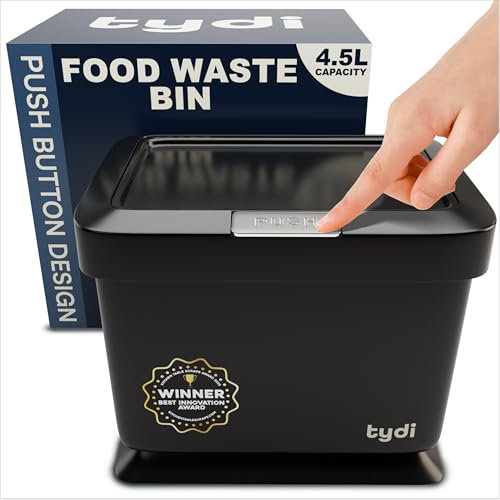 Tydi 4.5L Food Waste Bin with Press-Button Lid (2 Pack) – Compost Bins for Kitchen - Anti-Slip Base and Secure Lid Kitchen Compost – Small Indoor Caddy for Cupboard or Countertop – Black