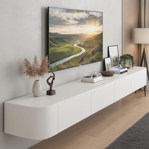 YINXSLO Floating tv unit Multifunctional Tv cabinet Wooden floating tv shelf for living room Wall Mounted Tv unit with storage for living room and bedroom (White, 140cm/55in)