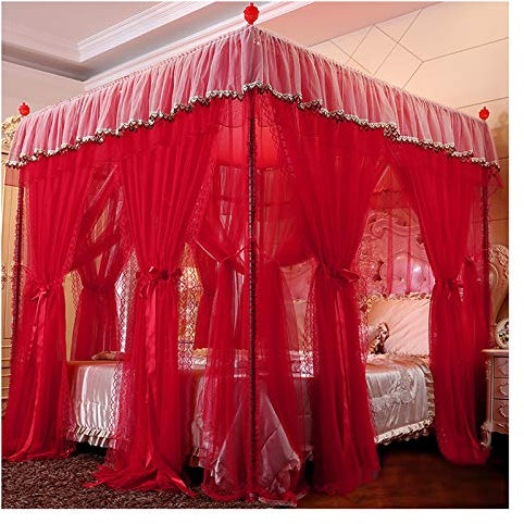 Bettvorhang 4 Himmelbett Baldachin Prinzessin Luxus erhöht und vergrößert Bett Himmelvorhänge doppelt verschlüsselt groß mit staubdichten Dachbettvorhängen (Größe: 200×220×210 cm, Farbe: Rot)