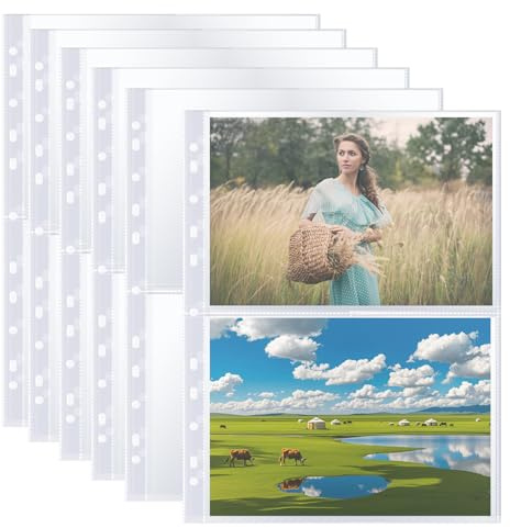 60 Pack A4 Fotohüllen mit 240 Taschen, Transparent Postkartenhüllen | Doppelseitiger Foto Seitenschutz mit 2 Fächern, Top Loading Fotoalbum Nachfüllseiten für A4 2/3/4 Ringbuch
