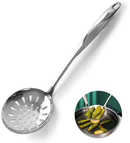 Schaumlöffel aus Edelstahl, Abseihlöffel mit ovalem Griff, mit Komfortgriff und Aufhängelöchern, Küchenhelfer aus Edelstahl, Spülmaschinenfestes Küchen Zubehör