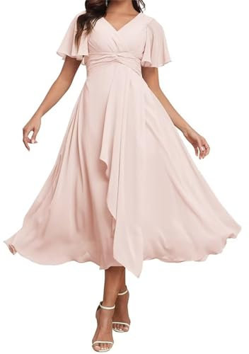 HPPEE Robe plissée en mousseline de soie pour femme avec manches, Rose pâle, 48/grande taille