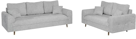S-Style Möbel Set Sofa 3 Sitzer 2 Sitzer Couch 2 Stück Holzfüße Braun Freistehend Chenille Stoff Bjorn Hellgrau