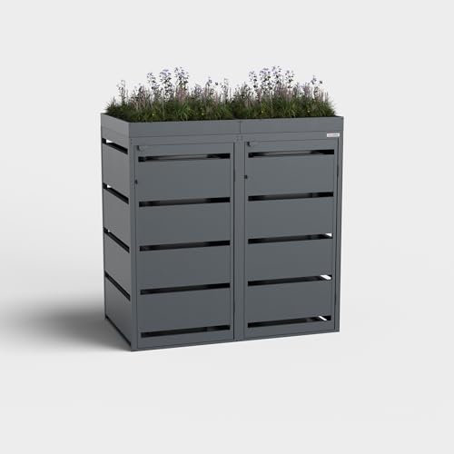 BIO Stefan® Dagobert Mülltonnenbox 2er Set für 120L mit Pflanzendach | verzinkter Stahl | robuste Mülltonnenverkleidung | Müllbox, Müllhaus | verwendbar als Paketbox | Box für Mülltonnen