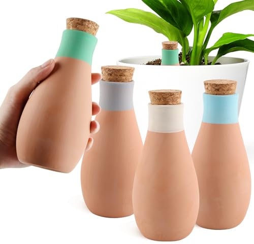 dellyy Lot de 4 Grands Pieux D'arrosage des Plantes 400 ML, Auto-arrosantes en Terre Cuite, Convient aux Plantes d'Intérieur et aux Pots de Fleurs de Balcon, Irrigation de la Zone Racinaire