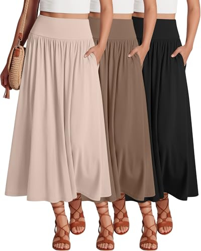 Ficerd 3 Pack Maxi Long Skirts for Women, 3-Color Set, Large | Ankle Length, High Waisted, Pleated, Flowy, a Line, Summer, Casual Skirts, with Pockets, Vacation, Work, Daily Wear, Soft