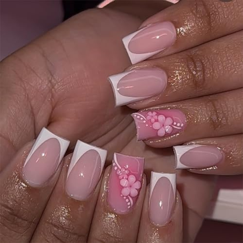 24pcs French Tip Pink Flower Press-On Nails, Short Square Fake Nails with Pearl Design, Full Cover Stick-On Nail with Jelly Glue & File (Pink & Floral)