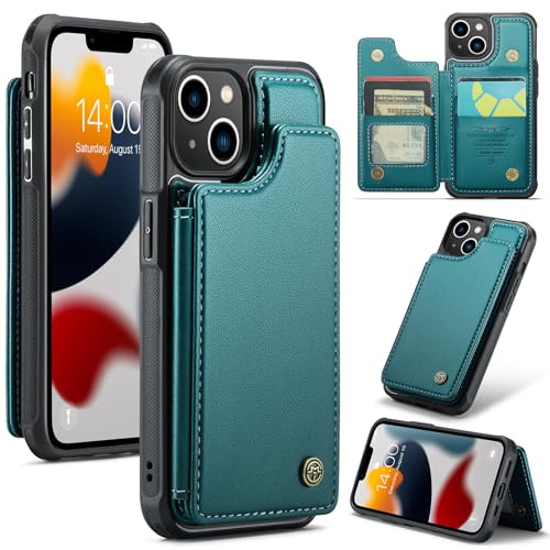 UEEBAI Wallet Case for iPhone 15, RFID Blocking Card Slots Flip Case PU Leather Kickstand Folio Case Magnetic Clasp Cover Shockproof Case Men Women - Green