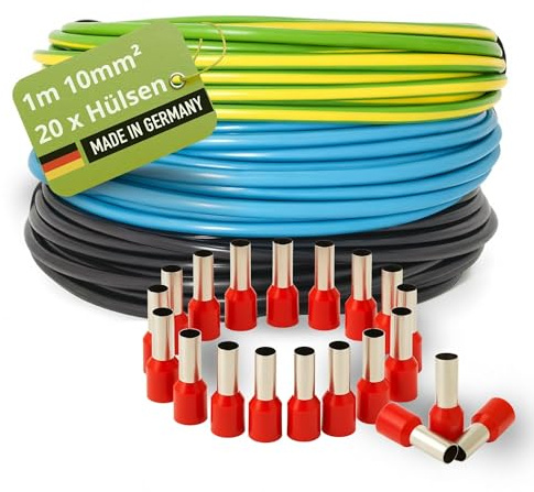 INVOLT H07V-K Verdrahtungsleitung 10mm² Set, 3x1m Kabel, 20 Aderendhülsen | Einzeldrähte in Schwarz, Blau, Grün-Gelb VDE-zertifiziert, Made in Germany