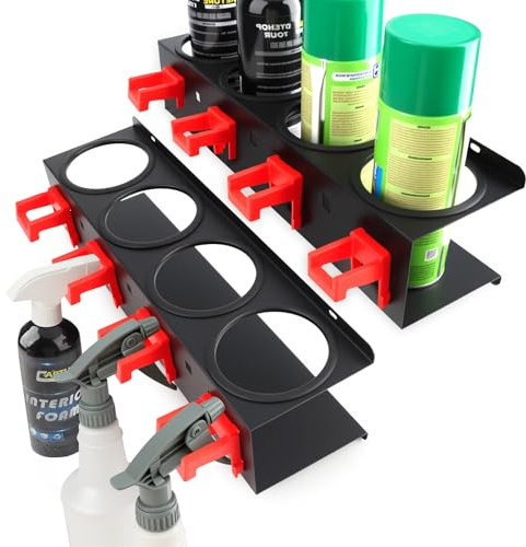 TAILIKANG 2 Pcs Spray Bottle Holders, Heavy-Duty Wall Mounted Steel Rack with 4 Holes & 4 Hooks, Spray Aerosol Can Storage Holder for Car Detailing Garage Van Workshop Garden Tools Organization