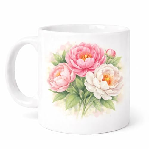 Brew Crew Gifts Peony Mug, White Ceramic with Pink Floral Watercolour Design, 11oz, Gloss Finish