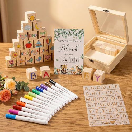 104 Stück Babyparty Spiele Set, Das lustigste Baby Party Spiele Aller Zeiten, mit 48 Holzwürfeln zum Bemalen, 42 Schablonen, 12 Acrylstiften, Holzschild & Holzbox, für babyparty Junge und Mädchen