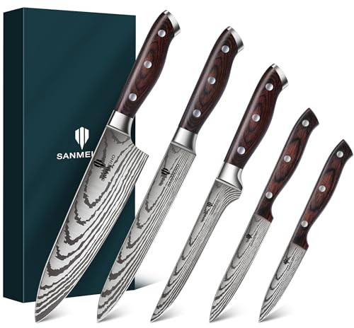 SANMEIHO 5-Teiliges Küchenmesser Set, Scharf Japanisches Kochmesser Set | Klinge aus Kohlenstoffstahl, ergonomischem Pakkaholz-Griff und Geschenkbox