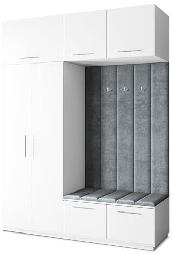 Masseno Flugarderoben Set Rema, Kleiderschrank-Set mit Sitzbank, Garderobenschrank Flur mit 5 Regalböden, Weiß