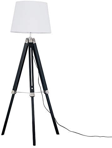 MiniSun | Modern Black Wood and Silver Chrome Tripod Floor Lamp with a White Tapered Light Shade | Floor Lamps & Torchieres, Home Décor & Improvement Essential | Includes Bulb [3000K Warm White]