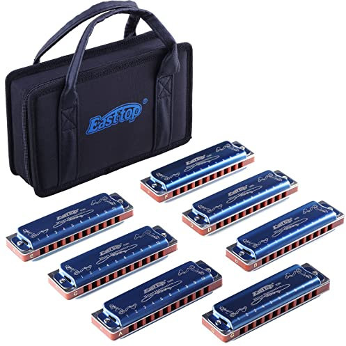 East top Harmonica set of 7, 10 Holes 20 Tones 008K Blues Harmonica, 7 Keys with Blue Case for Adults, Professional Player and Students, as Gift(7)