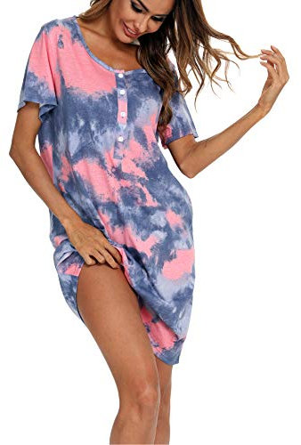 ENJOYNIGHT Chemise de nuit à manches courtes pour femme - Chemise de nuit d'allaitement - Chemise de nuit courte - Boutonnière, Bleu/rose, L