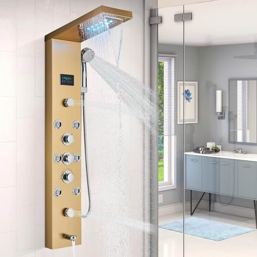 TVTIUO Pannello Doccia Oro Spazzolato Torre Sistema Doccia Torre Doccia Pannello Pannello 5 Funzioni con 8 Getti Massaggio