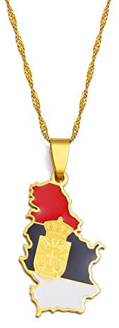 HUYUEXIN Serbien Karte Anhänger Halskette - Country Umriss Ethnischer Stil Hip-Hop Schmuck, Farbe Flagge Adlerdruck Charm Dünne Kette, Frauen/Mädchen/Männer Unisex,Golden,1