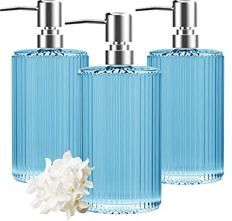 HIYAA Vielseitiger Handseifenspender aus Glas, 482 ml, mit Pumpe, für Badezimmer, Arbeitsplatte, Küche, Waschküche, Blau, 482 ml, 3 Stück