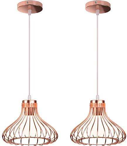 iDEGU Lot de 2 Suspension Luminaire Industrielle Lustre Plafonnier Abat-jour en Métal Forme de Cage Vintage Lampe pour Cuisine Salle à Manger Salon Chambre Bar Couloir Restaurant (Cage A 23CM Or Rose)