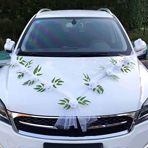 Autoschmuck Hochzeit Motorhaube, Hochzeitsdeko Auto Prächtige Set (mit 2 Autoschleifen Hochzeit Schleife + 9 Blumen) Deko Hochzeit für Alle Automodelle Schleife Herz Vintage Girlande Starkem Saugnapf
