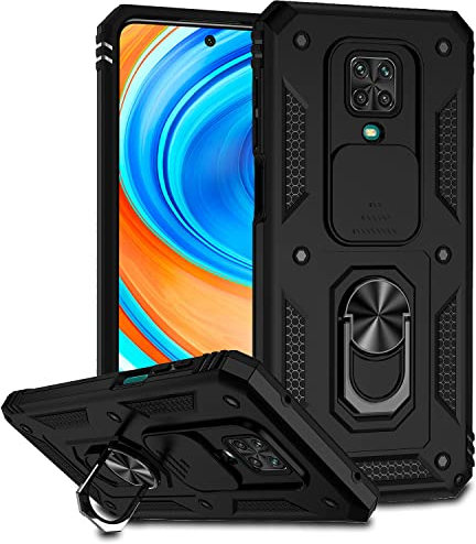 Funda para Xiaomi Redmi Note 9 Pro/Note 9S/Note 9 Pro Max Carcasă Armor Militar Cubierta de Cámara Deslizante Proteger Fundas 360 Full Protección Anillo Soporte Silicona Estuche Cover Case,Negro