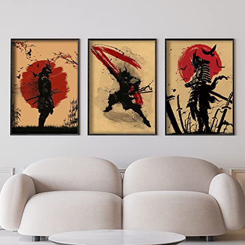 IUNTWEIE Japanische Samurai Leinwand Bilder, Japanische Bushido Poster Wandkunst, Krieger Leinwand Malerei für Wohnzimmer Schlafzimmer Dekor, ohne Rahmen(3x30x40cm)
